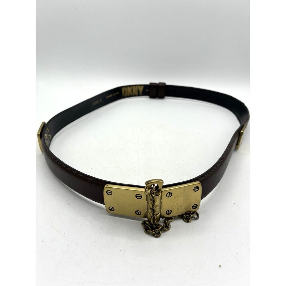 DKNY Brown Leather Belt – Brass Hinge Clasp with Chain Charm Hardware